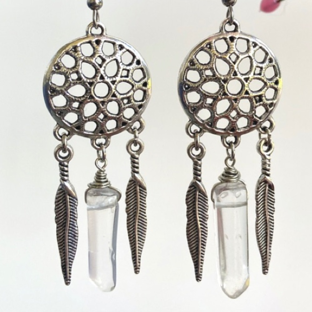 Genuine crystal quartz dream catcher earrings - Picture 5 of 9